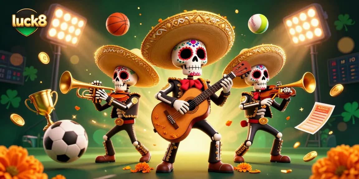 Experience the thrill of luck8 with a vibrant 3D Day of the Dead mariachi scene featuring dynamic sports betting elements.