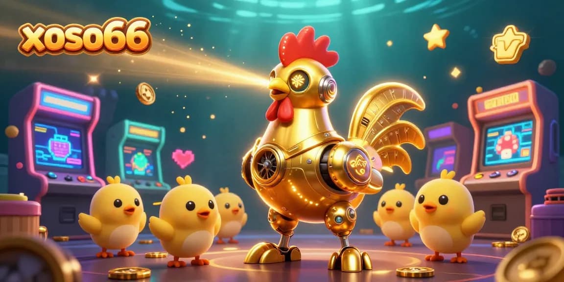 Xoso66 offers an engaging gaming experience with a unique rooster robot and baby chick drones surrounded by vibrant casino elements.
