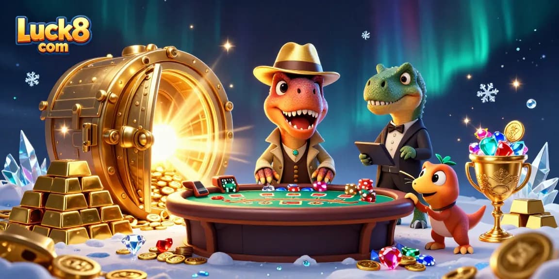 Bet big at Luck8 com with an exciting scene of casino card excitement and animated dinosaurs.