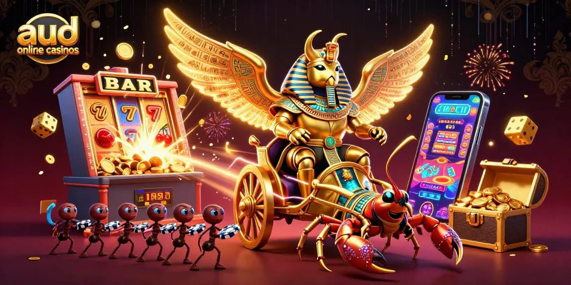 Experience thrilling gameplay at aud online casinos with a vibrant scene of a 3D golden scarab beetle and scorpions amidst slot machine bursts.