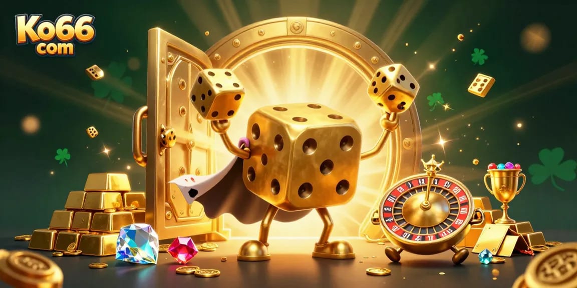 Engage with thrilling gameplay at Ko66 com in this dynamic 3D casino scene featuring vibrant elements.