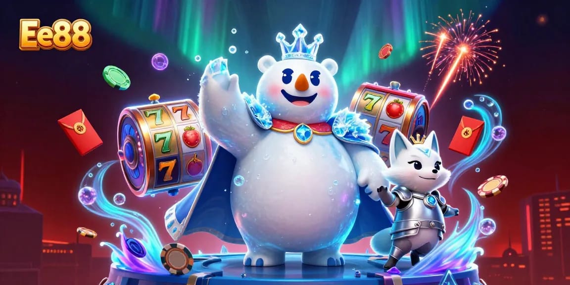 Ee88 presents an energetic casino scene with a polar bear and fox surrounded by vibrant symbols of luck.