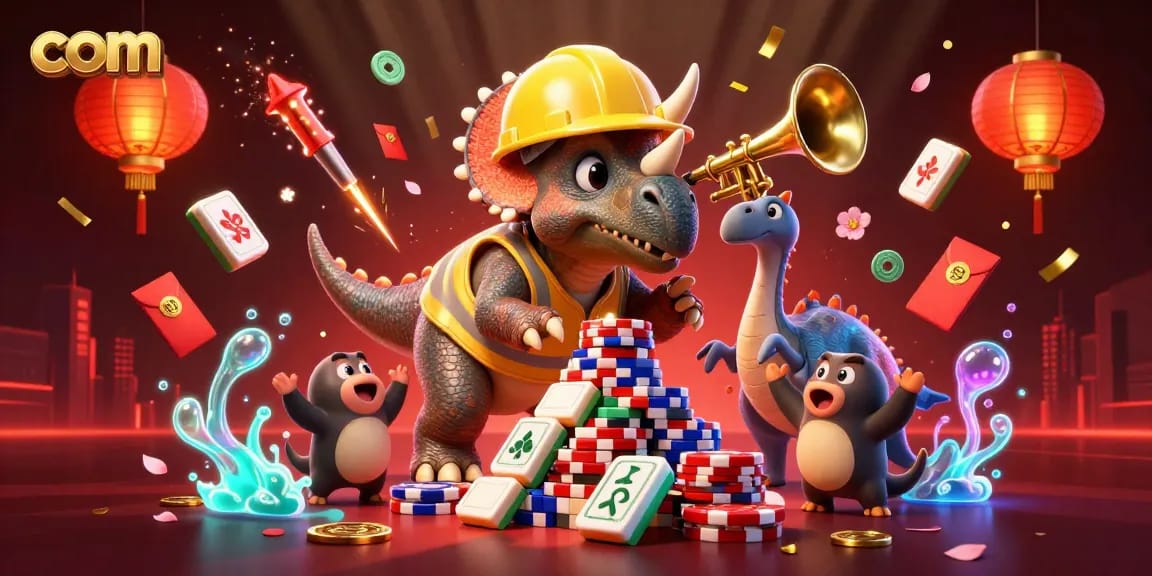 Build big wins at com with a cartoon triceratops and friends celebrating in a lively casino.