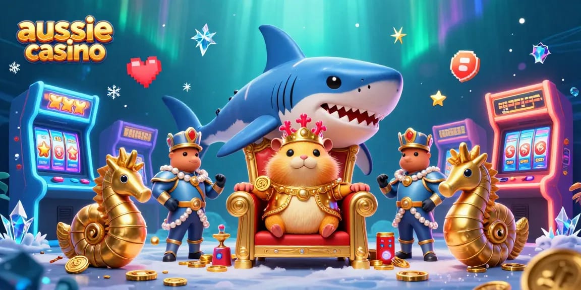 Aussie casino realm with vibrant characters engaging in thrilling gameplay amidst sparkling elements and royal adornments