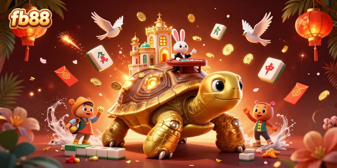 Experience thrill with fb88's vibrant casino scene featuring a golden tortoise, rabbit dealer, and flying coins.