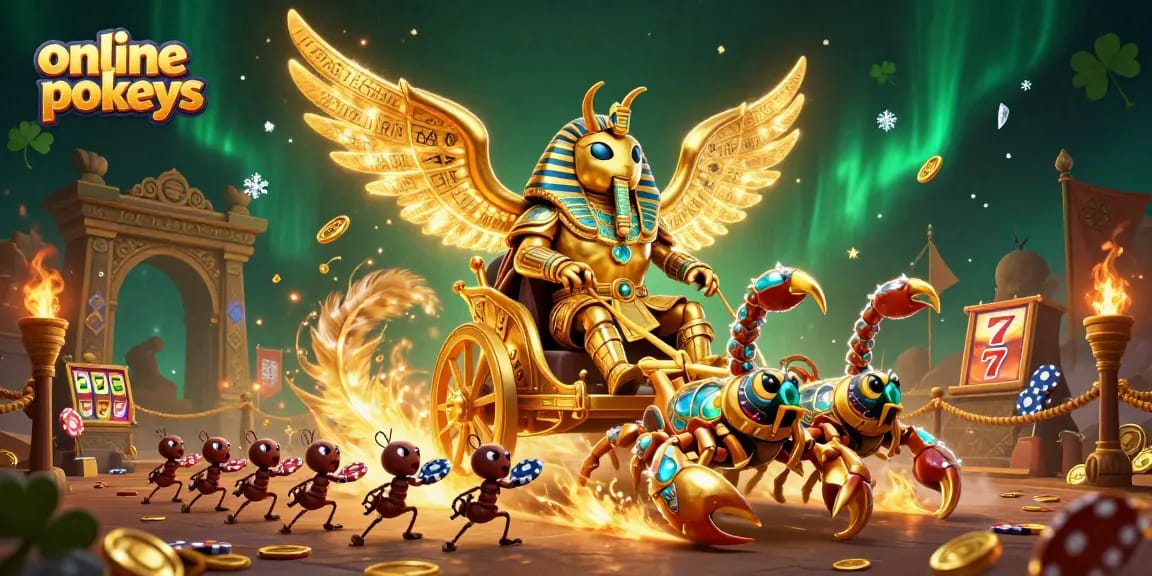 Engage with online pokies featuring a golden scarab beetle and more in a vibrant casino illustration.