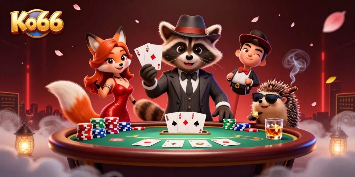 Experience intense poker action with Ko66 featuring a stylish raccoon, fox lady, and hedgehog bouncer.