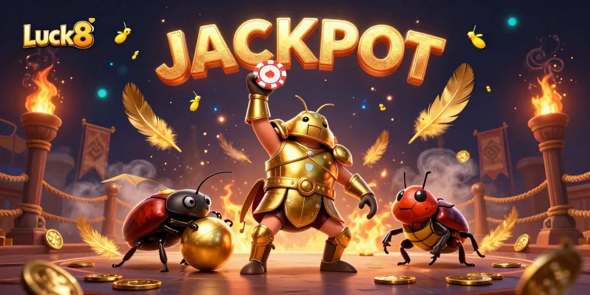 Luck8 captures the excitement of winning as a gladiator beetle triumphantly raises a poker chip amidst a vibrant casino scene.