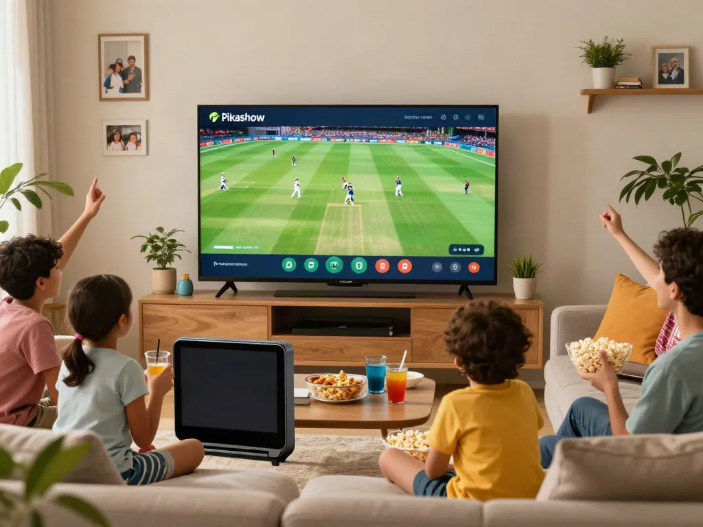 Family enjoying live cricket on Pikashow while relaxing in their vibrant living room.