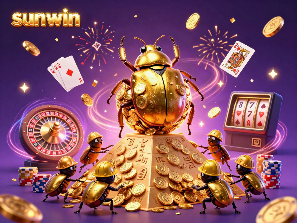 Experience the excitement of sunwin with a vibrant 3D illustration showcasing golden coins and casino rewards.