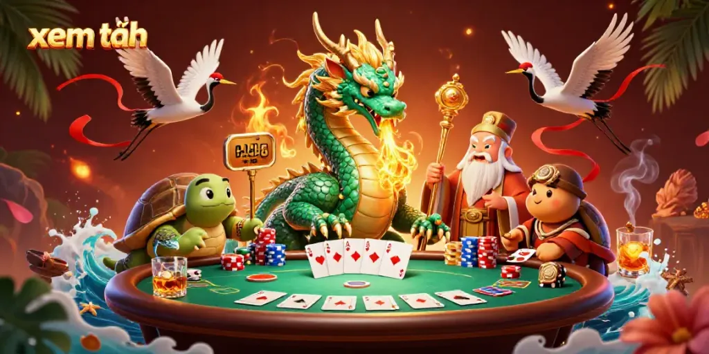Experience thrilling gaming with xem thêm, illustrated by a jade dragon, turtle sage, and lucky cranes at a vibrant casino scene.