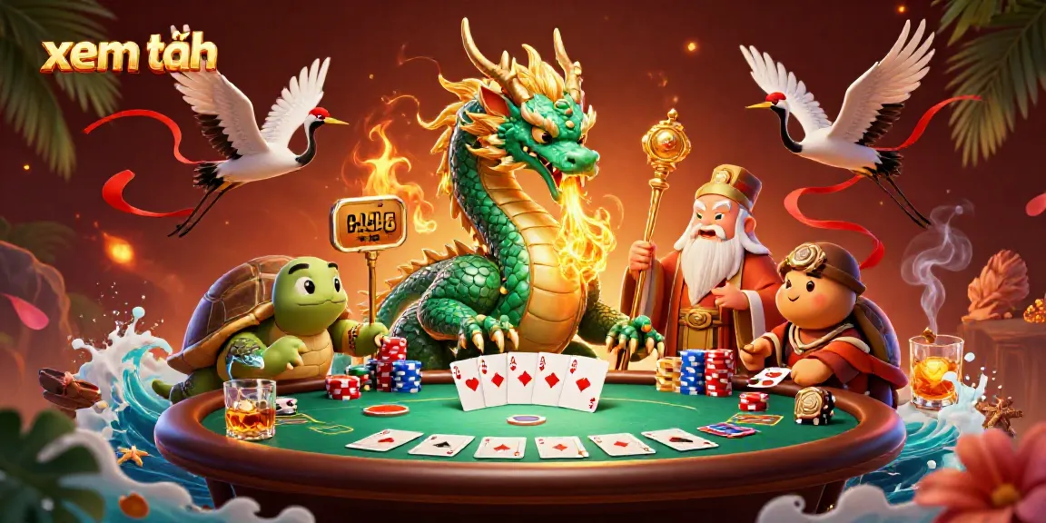 Experience thrilling gaming with xem thêm, illustrated by a jade dragon, turtle sage, and lucky cranes at a vibrant casino scene.