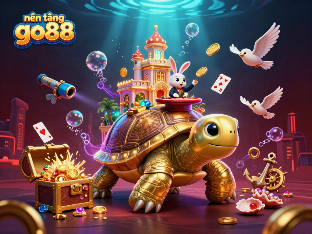 Nền tảng go88 showcases a vibrant 3D casino scene with a golden tortoise, rabbit dealer, and sparkling treasures.