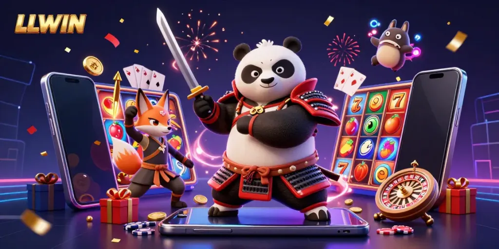 Experience the thrill of LLWIN with a dynamic 3D illustration showcasing vibrant casino elements and characters.