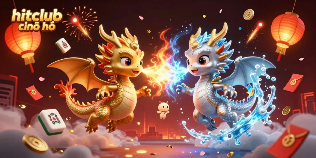 Experience the excitement of hitclub chính chủ with dynamic dragons amidst vibrant casino elements.