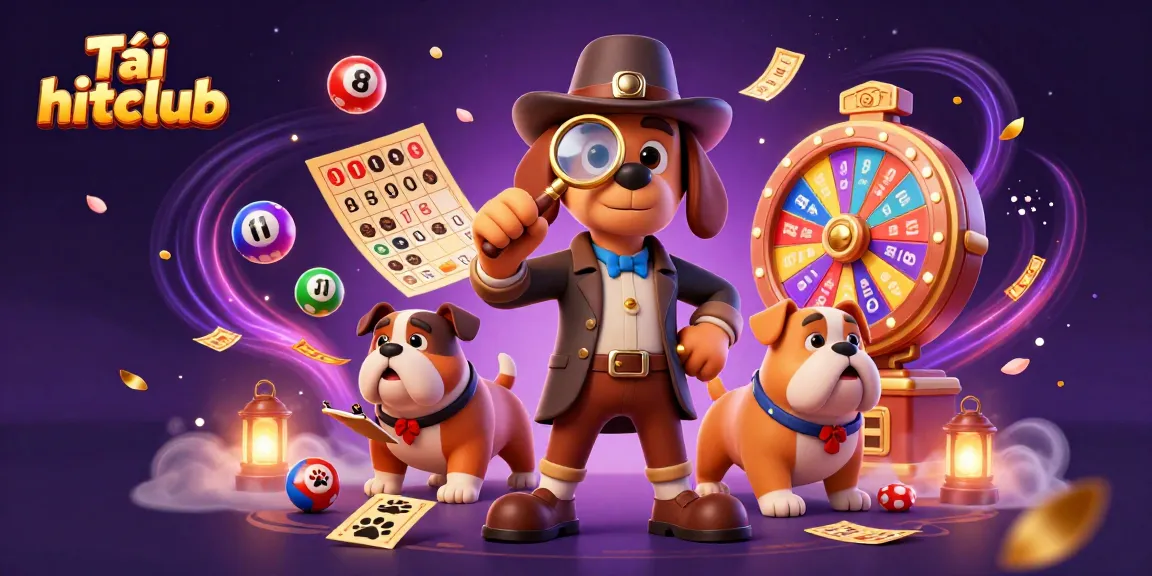 Tải hitclub app illustration showing a detective and a bulldog, amidst colorful gaming elements and treasure clues.