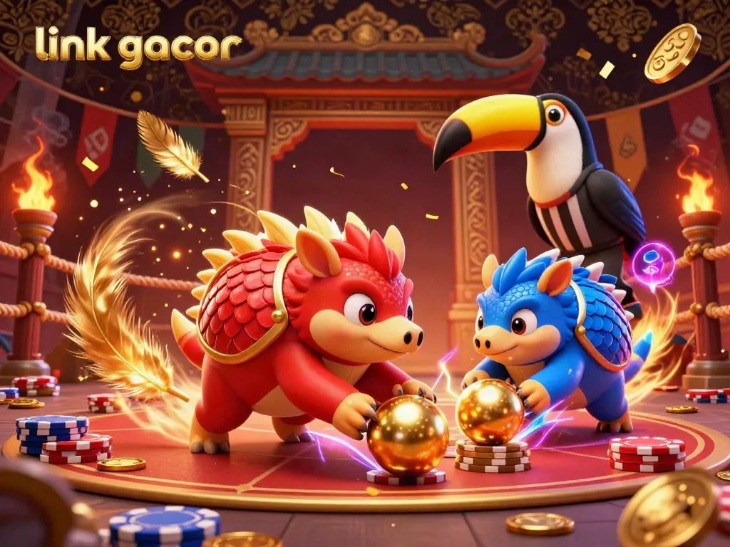 Experience the excitement of link gacor with dynamic pangolins bowling through poker chips in a vibrant casino scene.