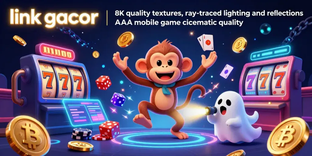 Engage with link gacor in this vibrant 3D casino scene showcasing a playful monkey and a ghost-hunter puppy amidst slot reels and crypto coins.