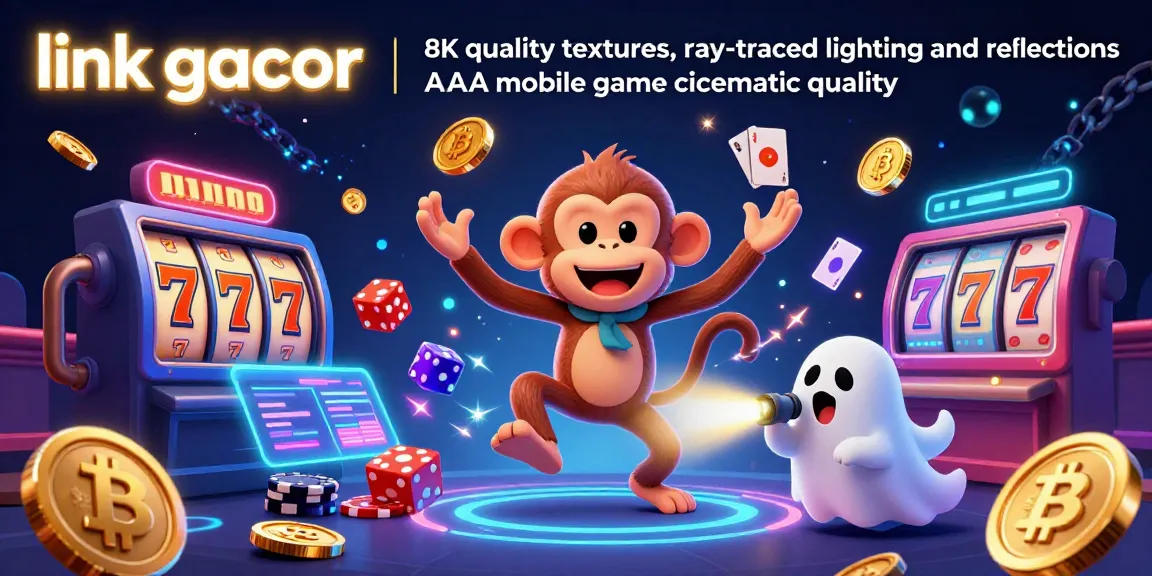 Engage with link gacor in this vibrant 3D casino scene showcasing a playful monkey and a ghost-hunter puppy amidst slot reels and crypto coins.