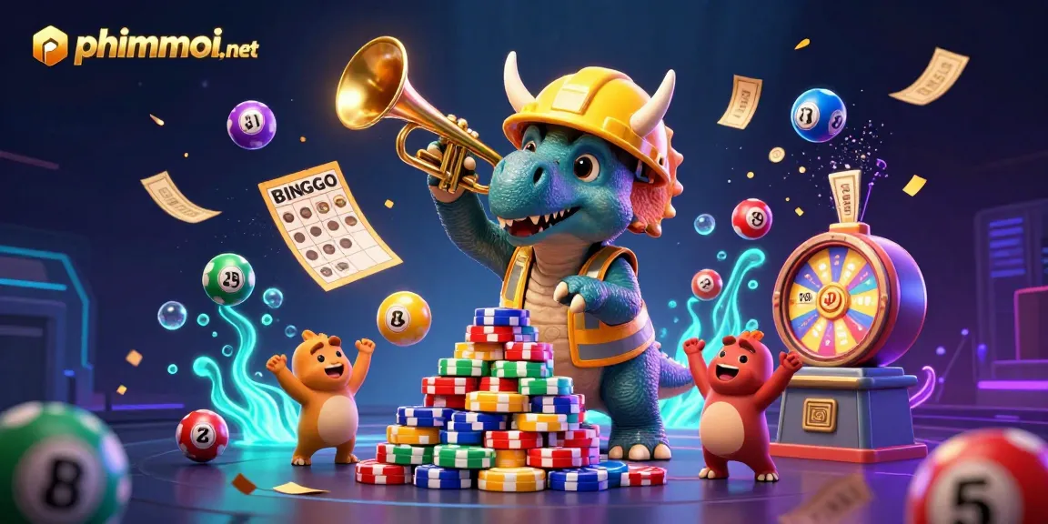 Experience thrilling gaming with phimmoi.,net as dinosaurs celebrate and enjoy lottery excitement in this vibrant illustration.