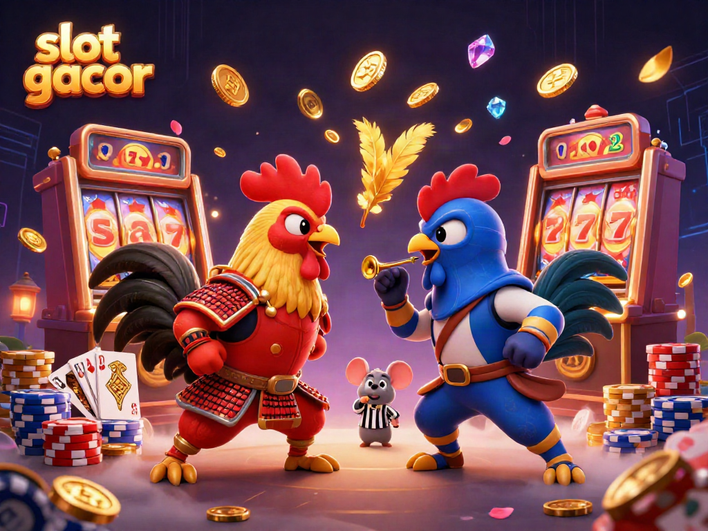 Experience thrilling moments with the slot gacor scene featuring dynamic roosters and casino elements.