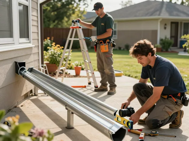 Professional installation of Spokane seamless gutters on a home, showcasing teamwork and craftsmanship.