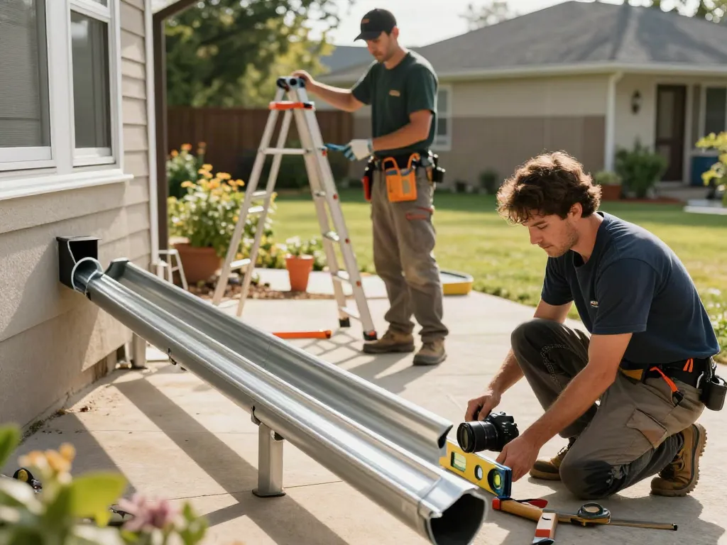 Professional installation of Spokane seamless gutters on a home, showcasing teamwork and craftsmanship.