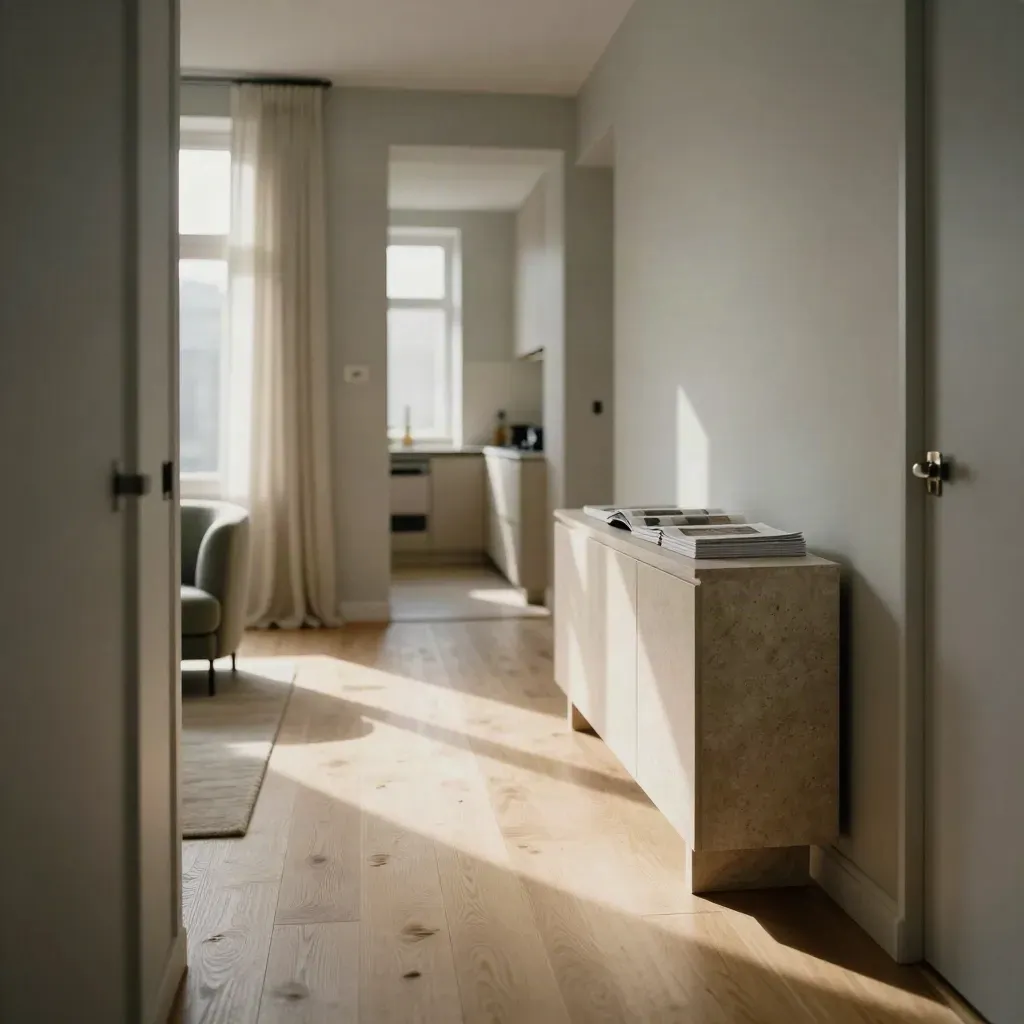 Open woonkamer van een Amsterdams appartement met kijklijn naar keuken en brochures op dressoir.