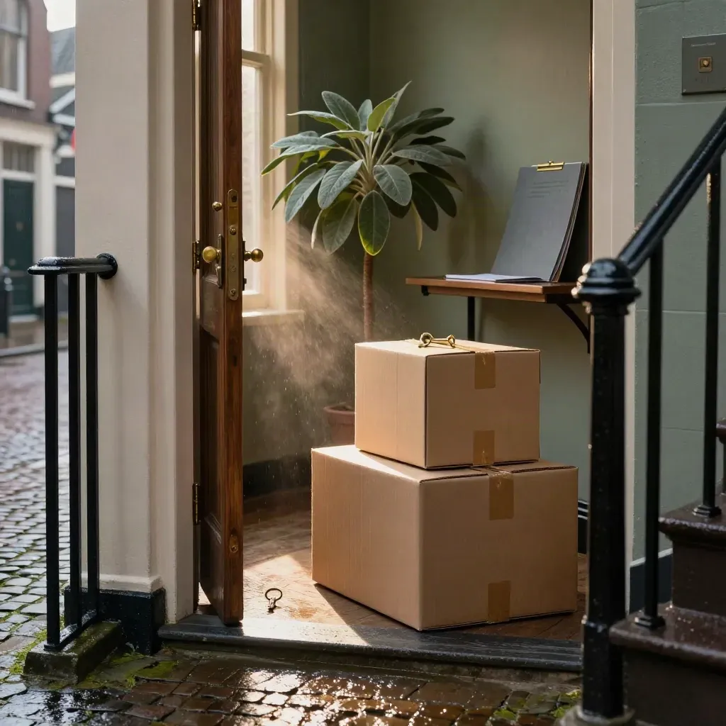 Smalle Nederlandse hal met open voordeur, verhuisdozen, sleutels, waarderingsmap en plant in avondlicht.