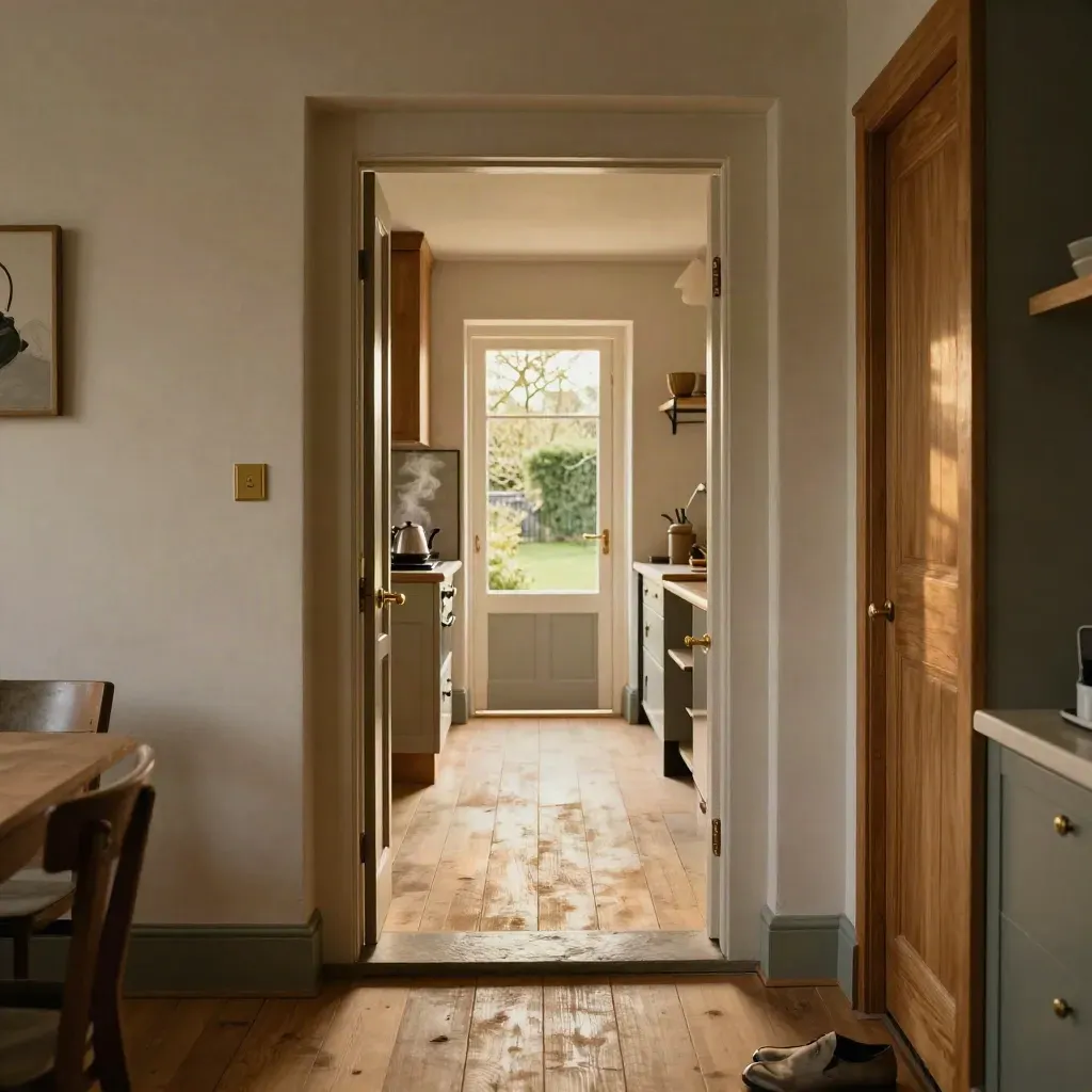Open binnendeuren in een nette tussenwoning met zicht naar keuken en tuin, warm licht op de vloer.