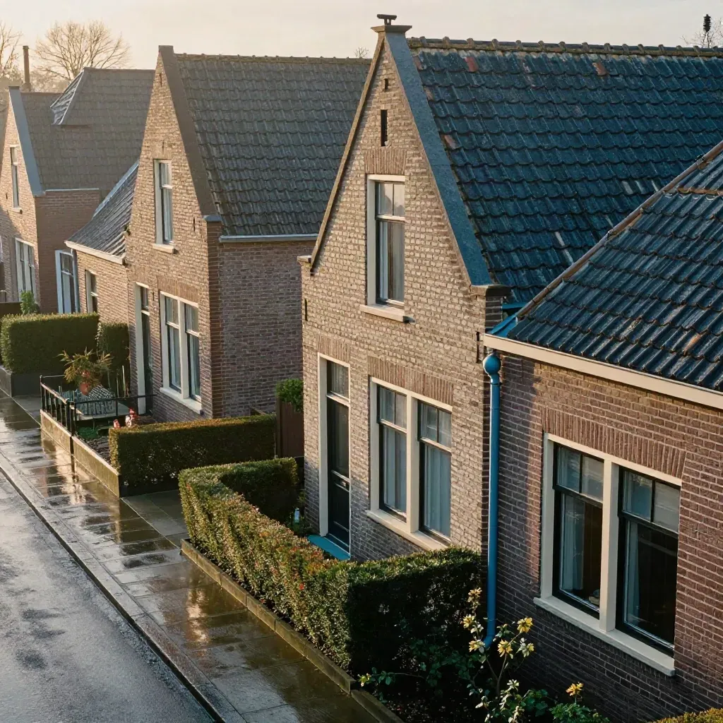 Nederlands rijtjeshuis met natte stoep, buurgevels en zacht middaglicht na regen.