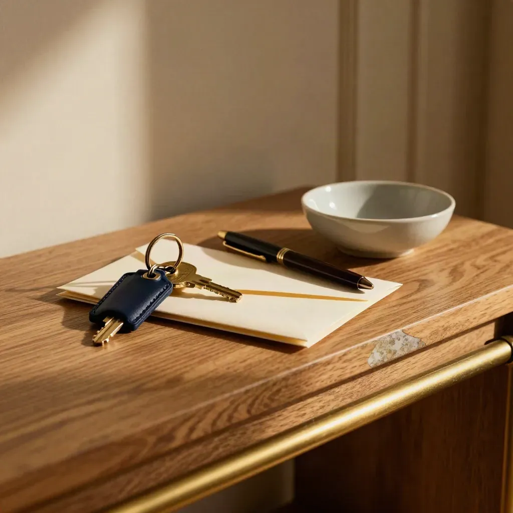 Brass sleutelbos, envelop, pen en keramische schaal op een houten console in een hal.