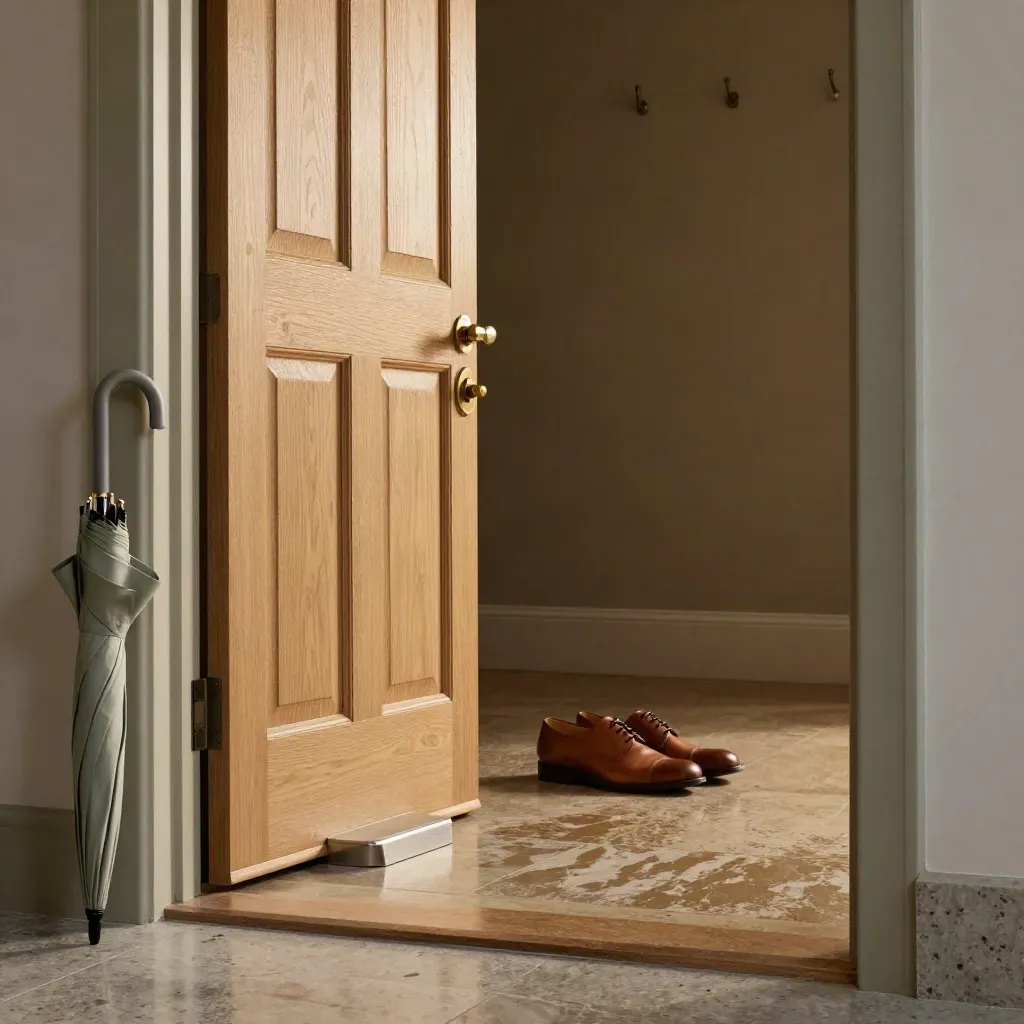 Open hal van een huis met open deur, parapluhouder, schoenen en een lichte tocht.