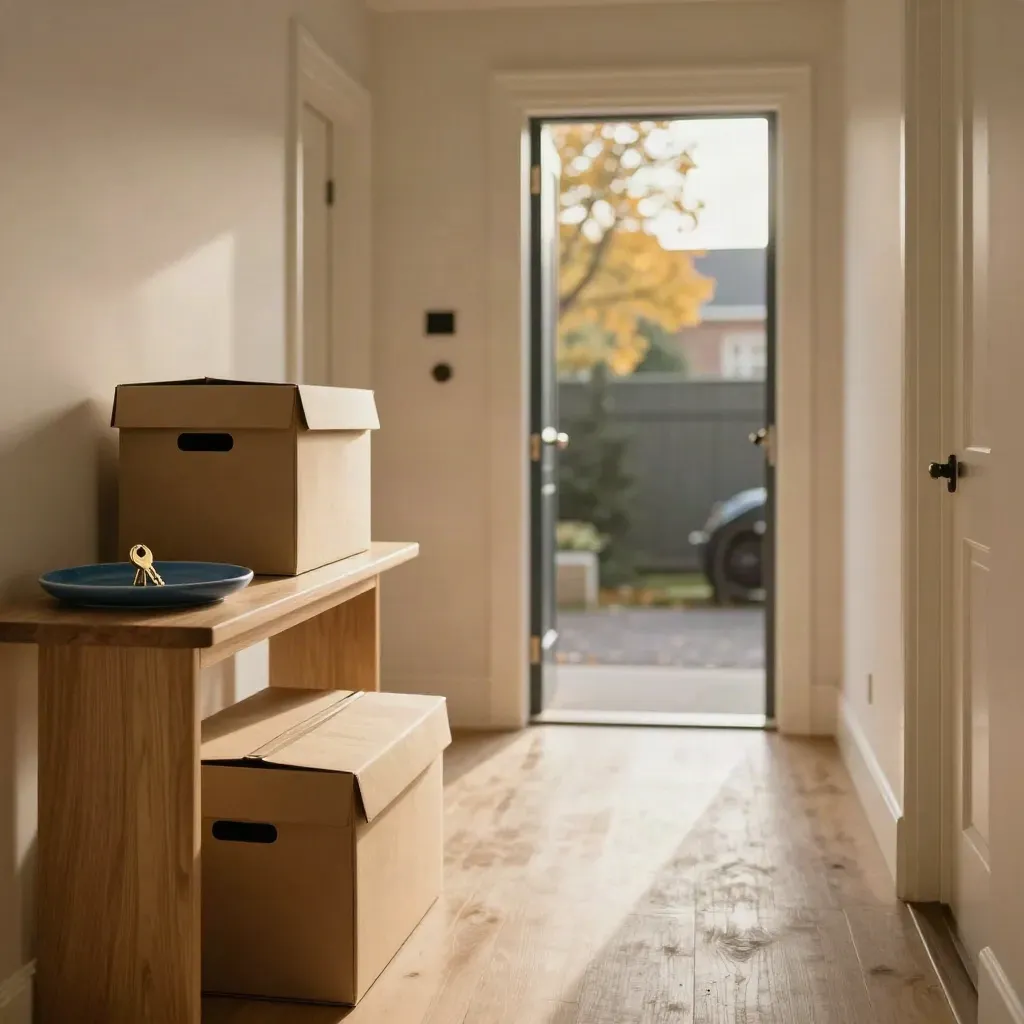 Hal van een tussenwoning met verhuisdozen, open voordeur en sleutels op een console.