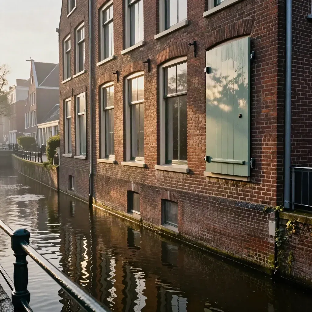 Utrechtse grachtenwoning met natte gevel, waterreflectie en mistig licht na een bui.