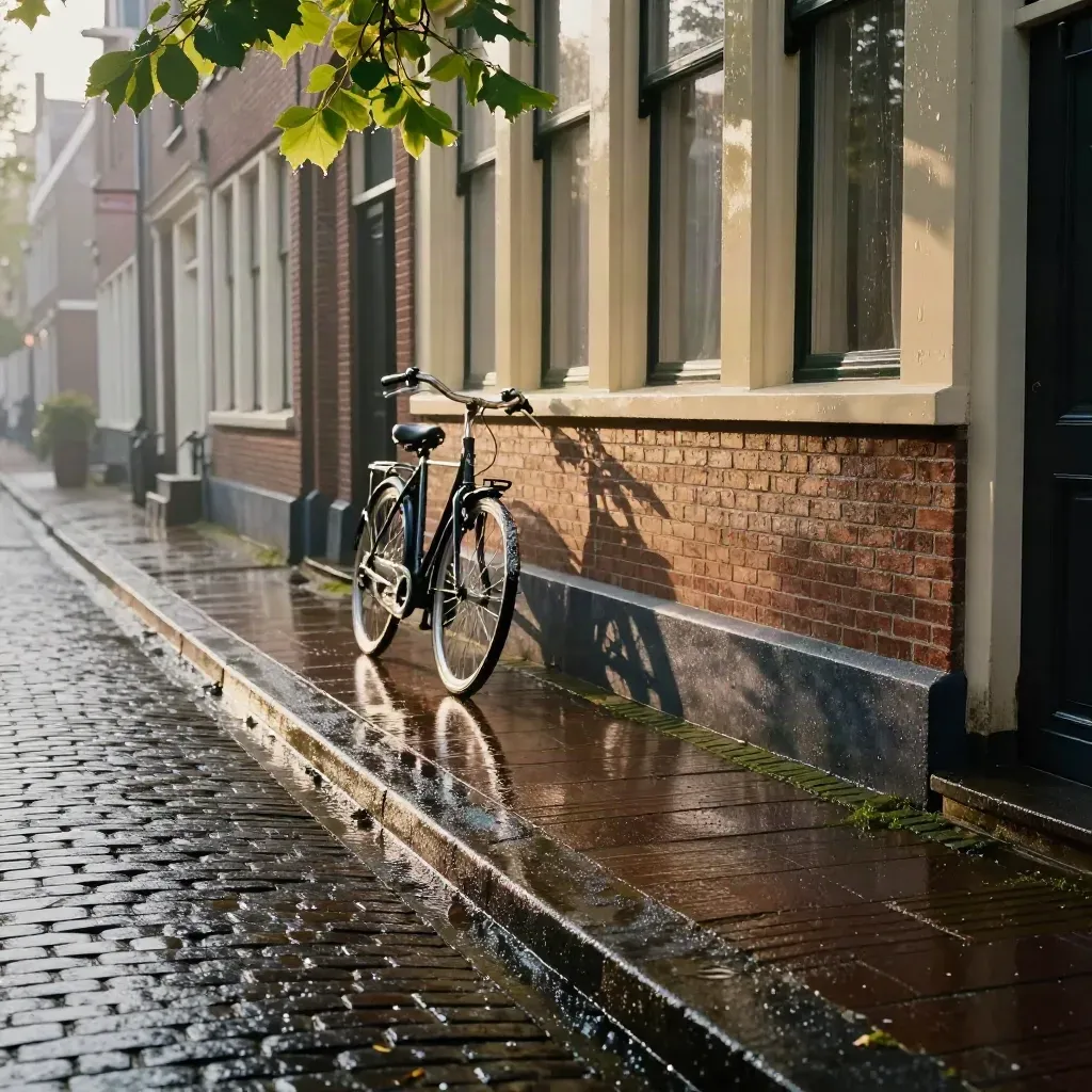 Natte Haarlemse woonstraat met fiets, hoekhuis en glanzende klinkers na de regen.