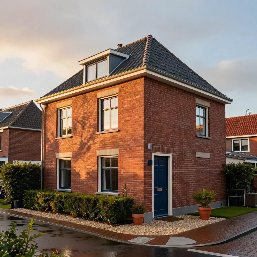 Modern hoekhuis in Amersfoort met nette voortuin bij avondlicht