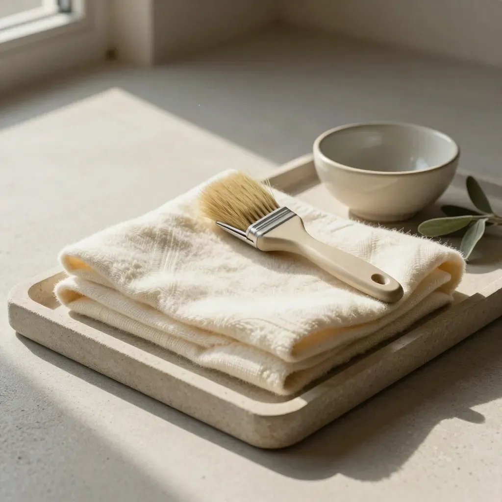 Opgevouwen ivoorkleurige plaid met borstel en keramisch schaaltje op een stenen tray.