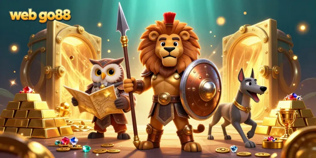 Engage in thrilling games and adventures on web go88, featuring a dynamic scene with majestic characters.