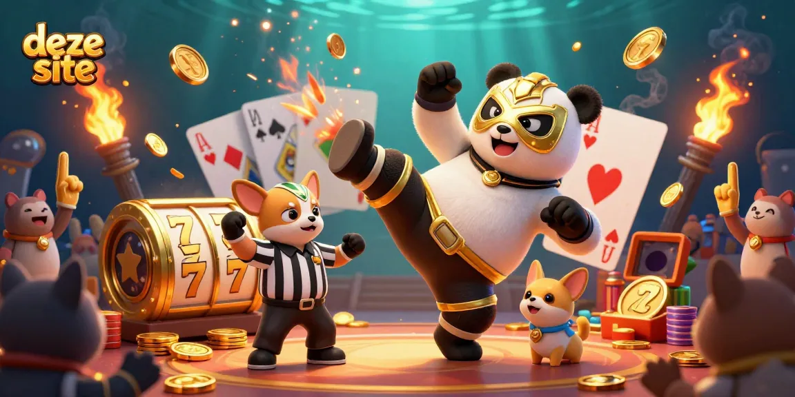 Engage with thrilling games at deze site, vivid illustration capturing casino excitement with characters and gold elements.