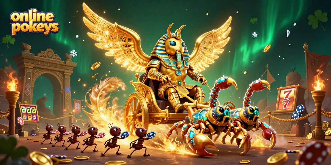 Engage with online pokies featuring a golden scarab beetle and more in a vibrant casino illustration.